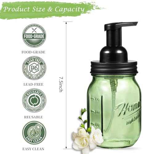 Amolliar 16oz Green Glass Mason Jar Foaming Soap Dispenser