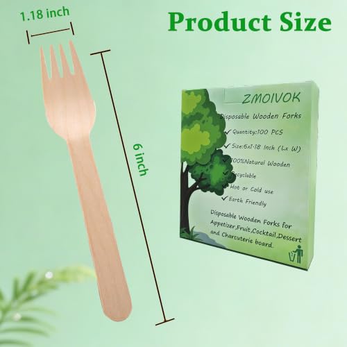 100 Biodegradable Wooden Forks - 6 Inch Disposable Utensils for Parties