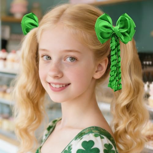 Leyhooney Green Hair Bows with Long Spiral Tassels 2PCS St Patrick's Day Clips