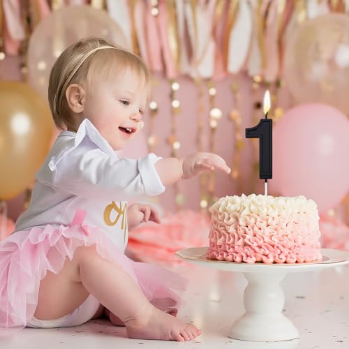 Black Number 1 Birthday Candle - 2.76 Inch Cake Topper for Parties