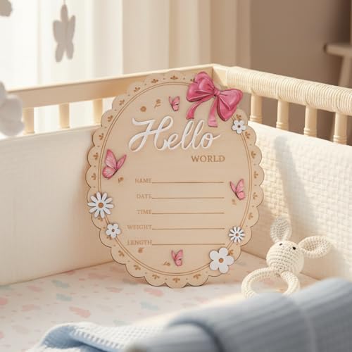 Hello World Wooden Baby Birth Announcement Sign - Oval Floral Keepsake