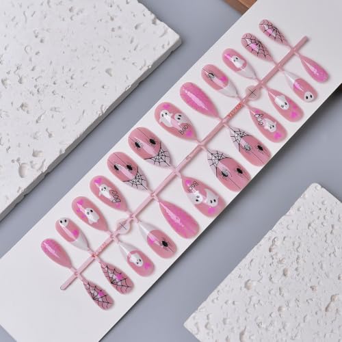 Ghost Spider Web Press On Nails Short Almond Halloween Fake Nails 30Pcs