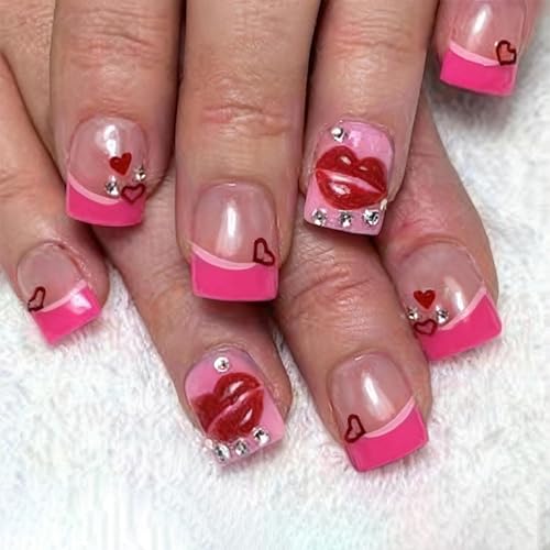 Valentine Press on Nails Short Square Pink Fake Nails with Heart and Lips