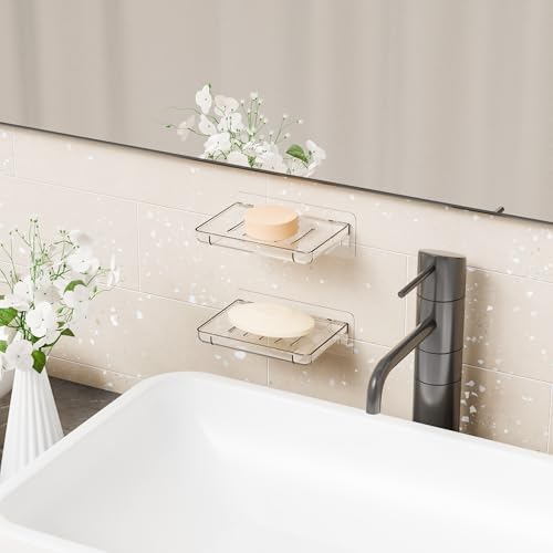 SuoXing Wall-Mounted Soap Holder - 2 Pack Self-Draining Acrylic Caddy