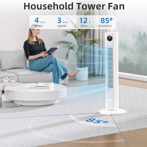 Antarctic Star Tower Fan Portable Floor Fans 85°Oscillating Fan Quiet Cooling 12H Timer Remote Control Standing Bladeless Electric 3 Wind Speeds 4 Modes Bedroom Office,36 inch, White
