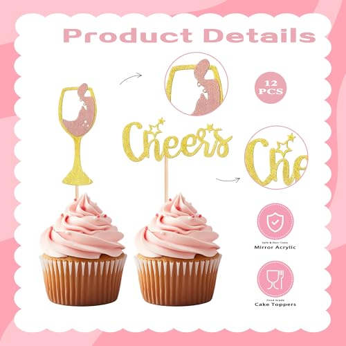 12 Pcs Rose Gold Glitter Cheers Cupcake Toppers Set