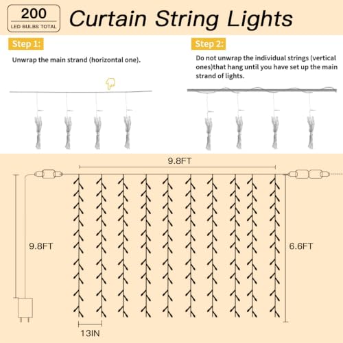 200 LED Warm White Curtain Fairy Lights 9.8x6.6FT with Remote & Hooks - Plug In