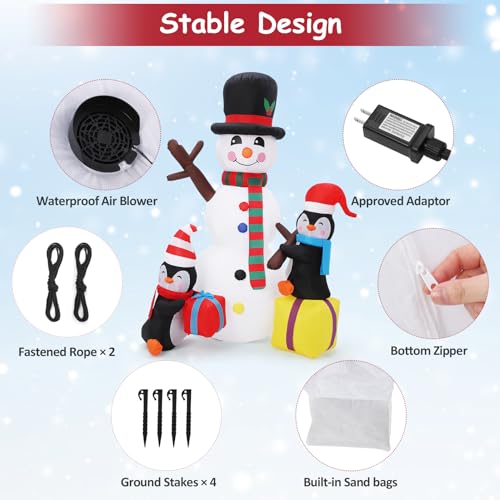 7ft Inflatable Christmas Yard Decor Snowman Penguin with Rotating LED Lights - Smiling Snowman Variant