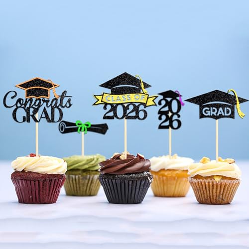 2026 Graduation Cupcake Toppers Set - 24 Pre-Assembled Picks
