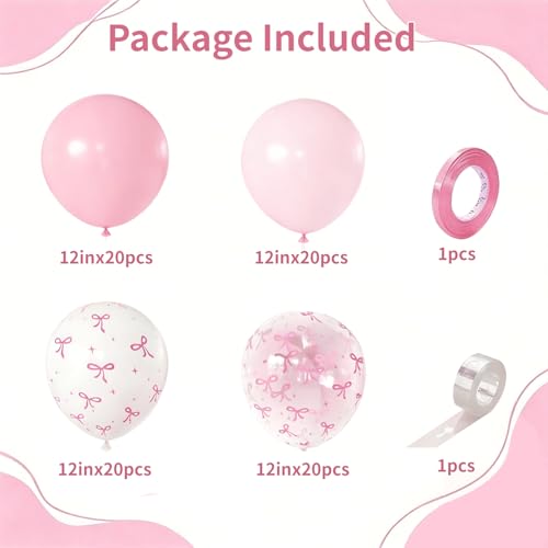 Kafeli Pink Bow Latex Balloons Set - 12in, 60pcs Party Decorations, Pink & White