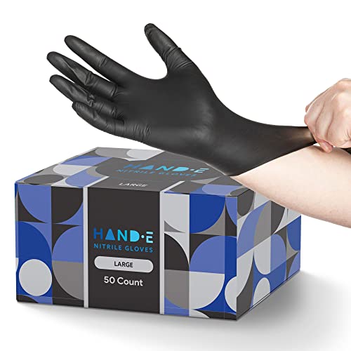 Hand-E Touch Large Black Nitrile Disposable Gloves 50 Count - Powder & Latex-Free, Food & Tattoo Use