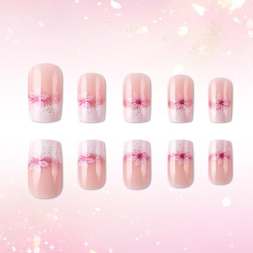 Pink White Gradient French Tip Press On Nails with Silver Glitter & Flower Design - Short Square Fake Nails Set