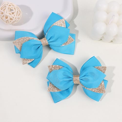 NCMAMA 4-Inch Sparkly Glitter Sky Blue Hair Bow Clips for Girls
