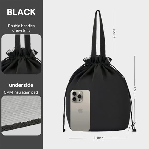 DAROSS Insulated Canvas Lunch Bag - Waterproof Drawstring Tote, Black
