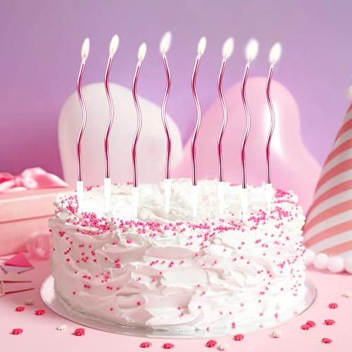 Twisty Birthday Candles - 30 Pack Spiral Metallic Cake Candles with Holders, Rose Gold