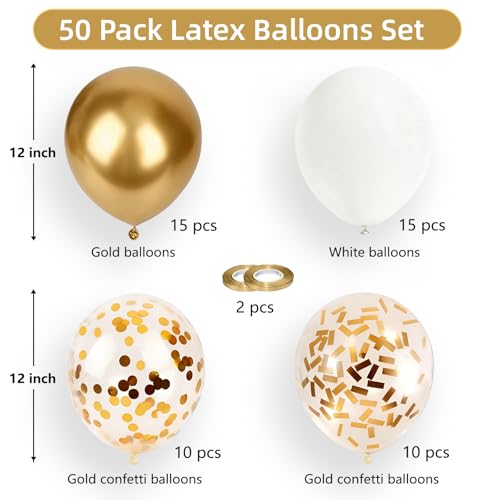 Gold and White Confetti Balloons - 50 Pack 12 Inch Set