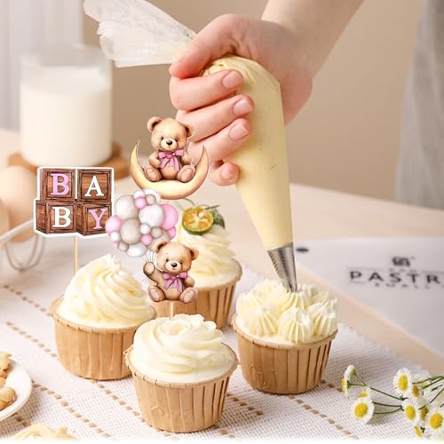 24 Pink Bear Cake Toppers for Baby Shower & Birthday Parties