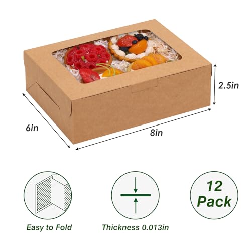 A-12PCS Bakery Cookie Boxes with Window, 8x6x2.5in Brown Packaging for Pastries