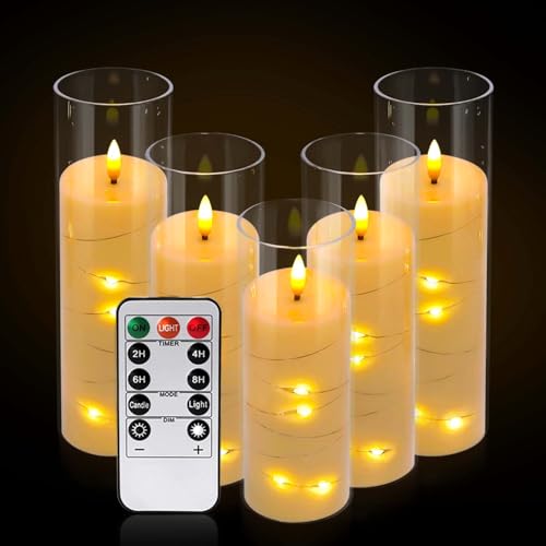 5 Pack Flickering Flameless Candles with Remote 3 Sizes Ivory Halloween Christmas Decor Variation of 5Pcs-Strip Light String