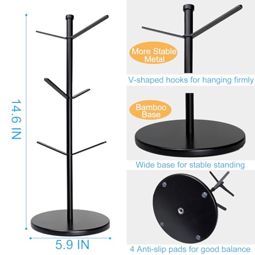 Metal Mug Tree with Bamboo Base - 6 Hook Cup Holder Rack
