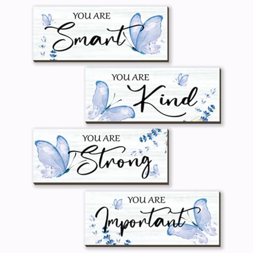 4 Pcs Blue Butterfly Wall Decor, Inspirational Wooden Signs for Bedroom