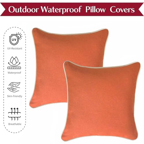HER HWA Outdoor Throw Pillow Covers 18x18 Inches Set of 2 White Piping Orange