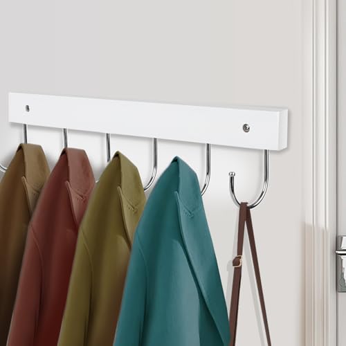 White Wall Mount Coat Rack with 6 Rotating Hooks - 14.6 inch Wooden Hanger