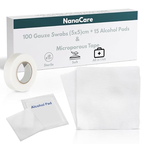 100 pc Large Gauze Pads Sterile for Wounds Bulk 2x2 | Includes 15 Alcohol Wipes & 1 Medical Tape | Non Stick Gauze Pads Sponges | Breathable Mesh First Aid Medical Supplies for Wound Care