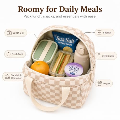 Bluboon Insulated Lunch Bag - 10L Brown Checkered Corduroy Lunch Tote