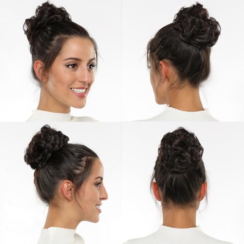Rose Bud Dark Brown Messy Bun Hair Piece Curly Updo Scrunchie Extension