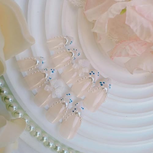 French Blue Press On Nails Medium Almond Fake Nails 3D Heart Rhinestone