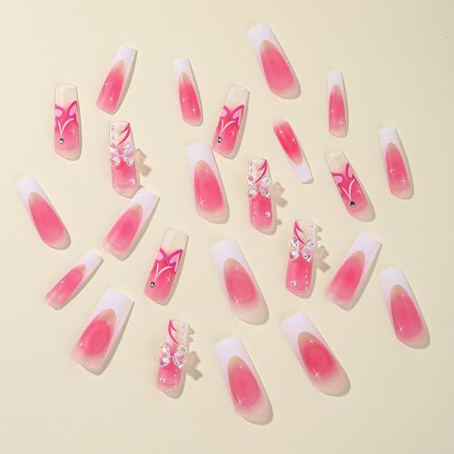 Pink French Tip Press on Nails Medium Square Fake Nails with Ribbon