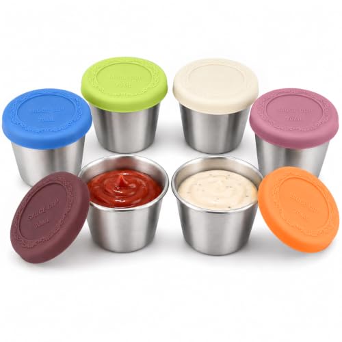 HOMEAVA 2.4oz Leakproof Stainless Steel Salad Dressing Containers - 6 Pack with Silicone Lids for Lunch, Travel, Picnic, Meal Prep