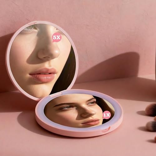 LED Rechargeable Compact Vanity Mirror - 1X/5X Magnification, Pink