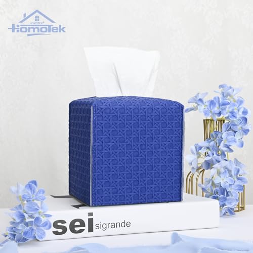 HOMOTEK Rattan Weave Blue Square PU Leather Tissue Box Cover 5x5x5 Inches