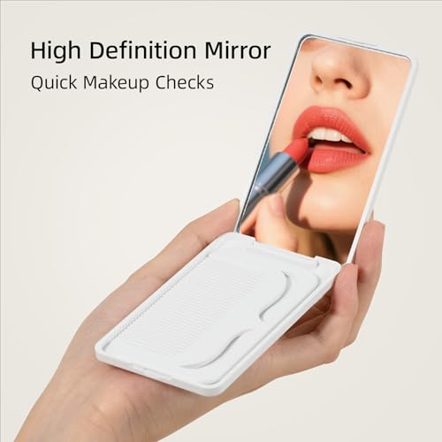 RHOS Folding Pocket Makeup Mirror with Comb, Portable White Travel Mirror