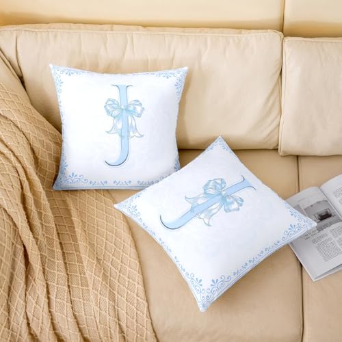Blue J Throw Pillow Cover 16"x16" - Watercolor Floral Bow Design