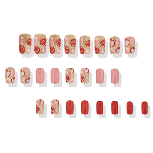 Red Love Heart Press on Nails Medium Square Glossy Fake Nails 24Pcs