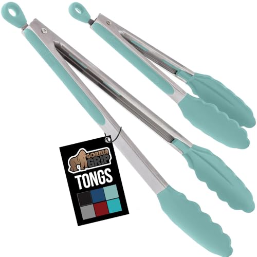 GORILLA GRIP Stainless Steel Kitchen Tongs Set, Mint - 9" & 12"