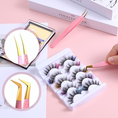 TIESOME Pink Eyelash Extension Tweezers Set - 2 PCS Stainless Steel Curved Precision Lash Application Tools