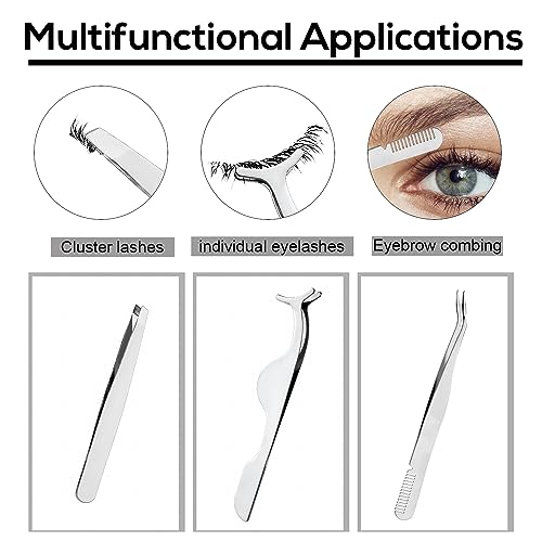 BOXOB 3-Piece Stainless Steel Eyelash Tweezers and Comb Set for Extensions