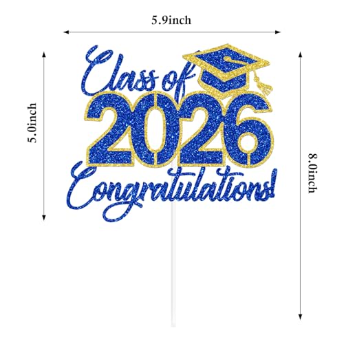 Class of 2026 Graduation Cake Topper - Blue & Gold Glitter Decor