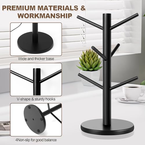 Wood Mug Holder Tree with 6 Hooks - Stable Countertop Organizer