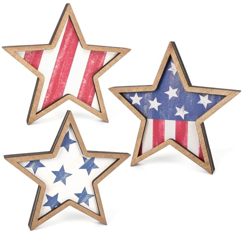 COCHIE Retro 4th of July Wooden Star Decorations Set of 3