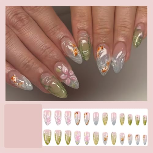 PSBRBAD Medium Almond Press on Nails 3D Floral Goldfish Fake Nails
