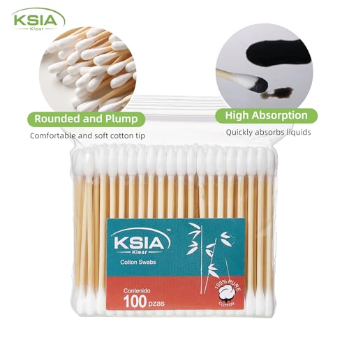 KSIA Dual-Tip Cotton Swabs with Bamboo Sticks 200 Count - Pointed and Round Buds for Makeup and Personal Care