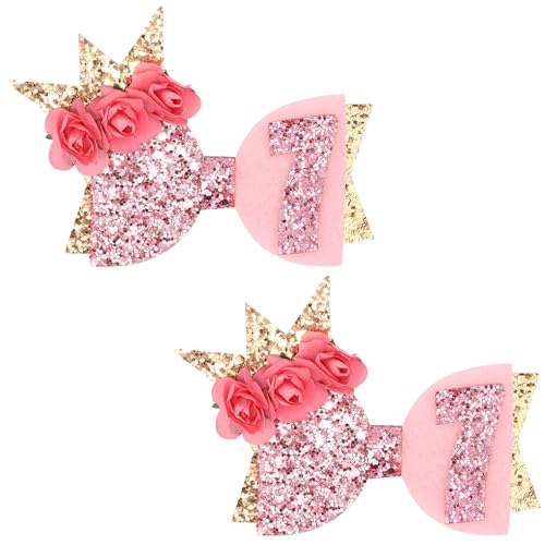 Exacoo 7th Birthday Pink Bow Hair Clips 2-Pack Glitter Hair Accessories