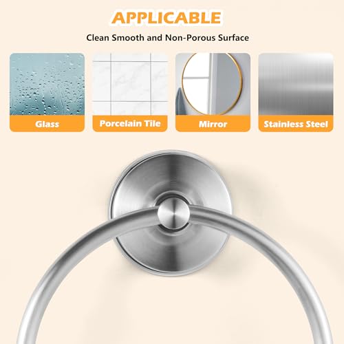 YOHOM Silver Suction Cup Towel Ring - No Drill Bathroom Hand Towel Holder