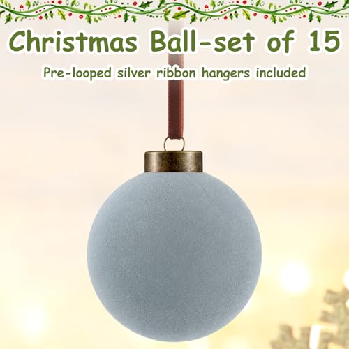 Liliful 15 Pcs Velvet Christmas Tree Ornaments Balls - Dusty Blue, 3.15 Inch
