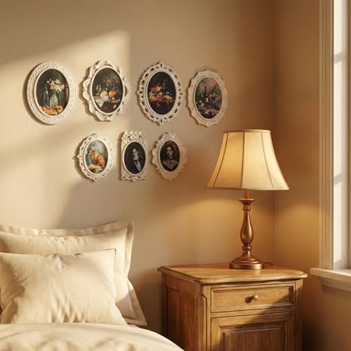 Yolev 7Pcs Mini Vintage Picture Frames Small White Oval Antique Photo Set